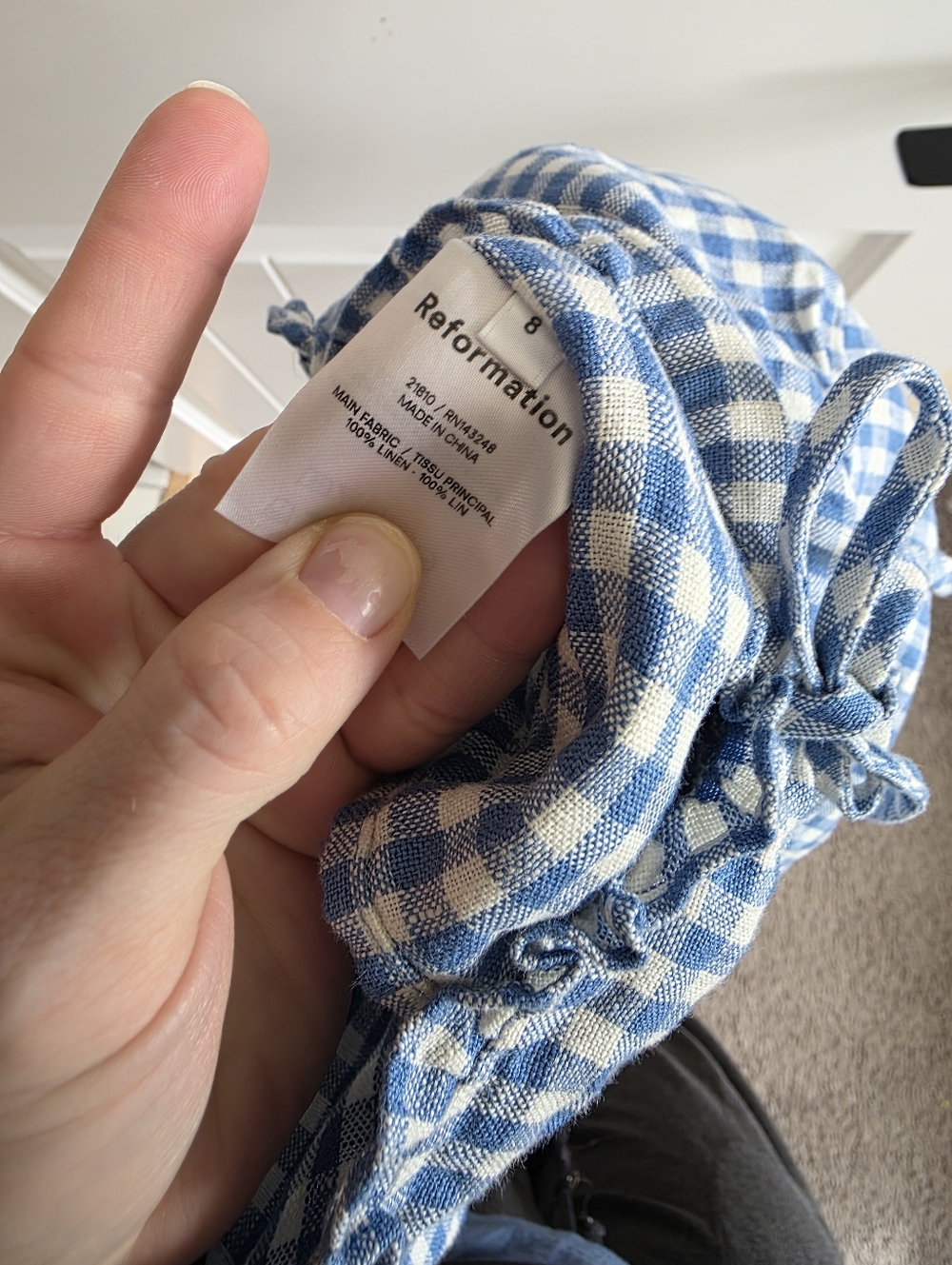 Reformation Holcomb Linen Top -Azure Blue Check Gingham Tie Strap Top Size 8 - Picture 9 of 9